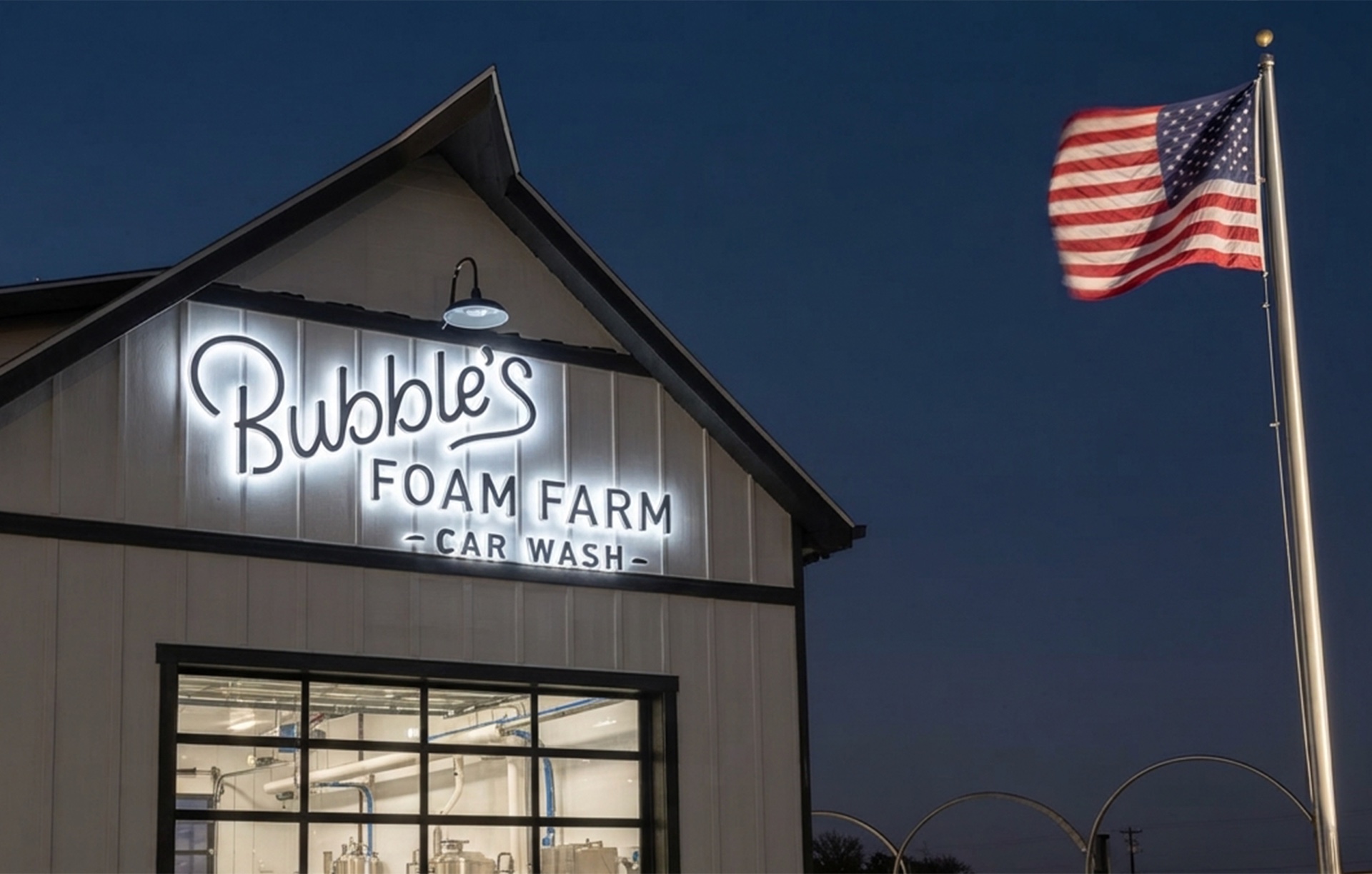 Bubble’s Foam Farm barn at night