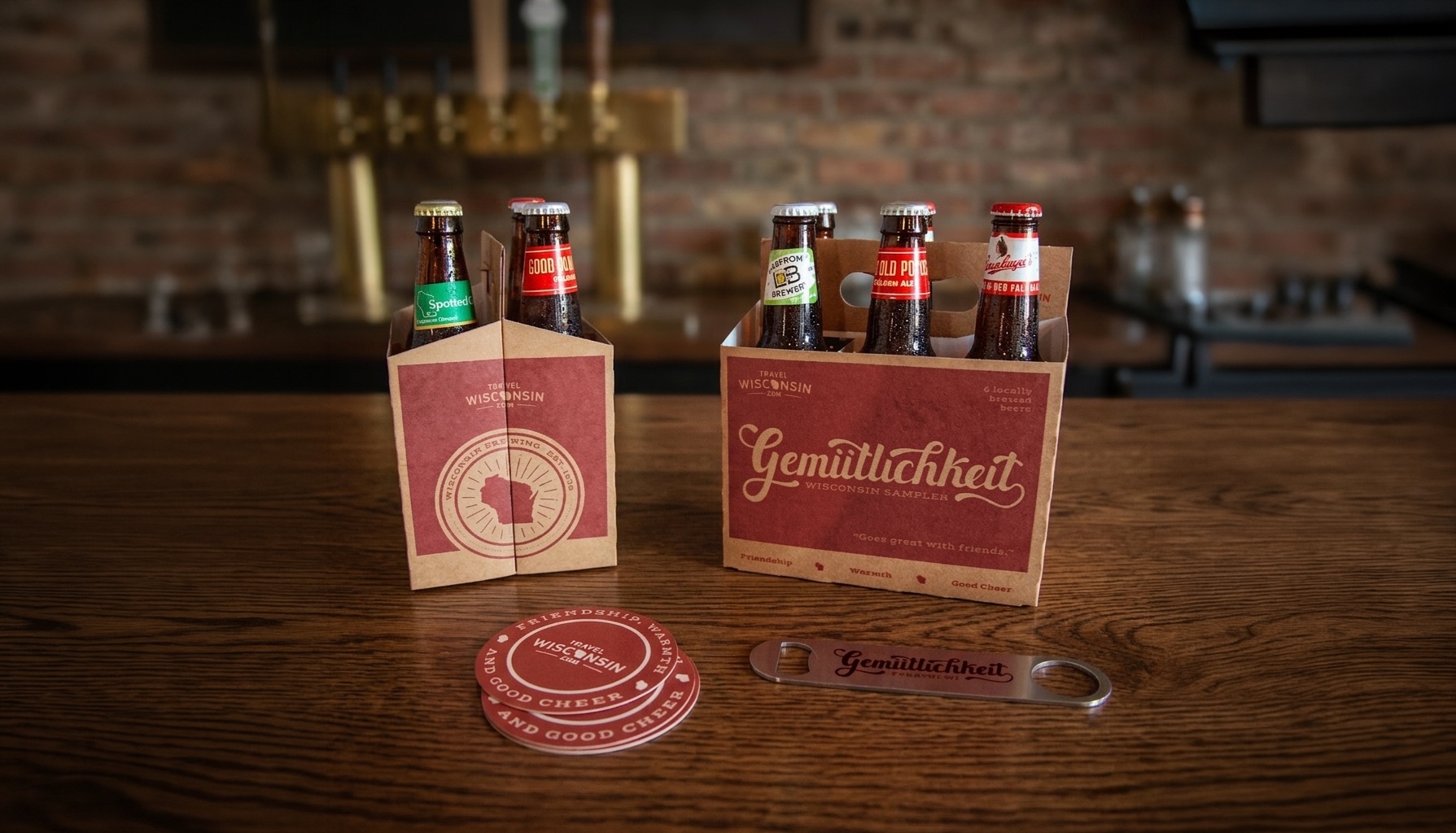 Gemütlichkeit Wisconsin Sampler carriers with coasters and bottle opener